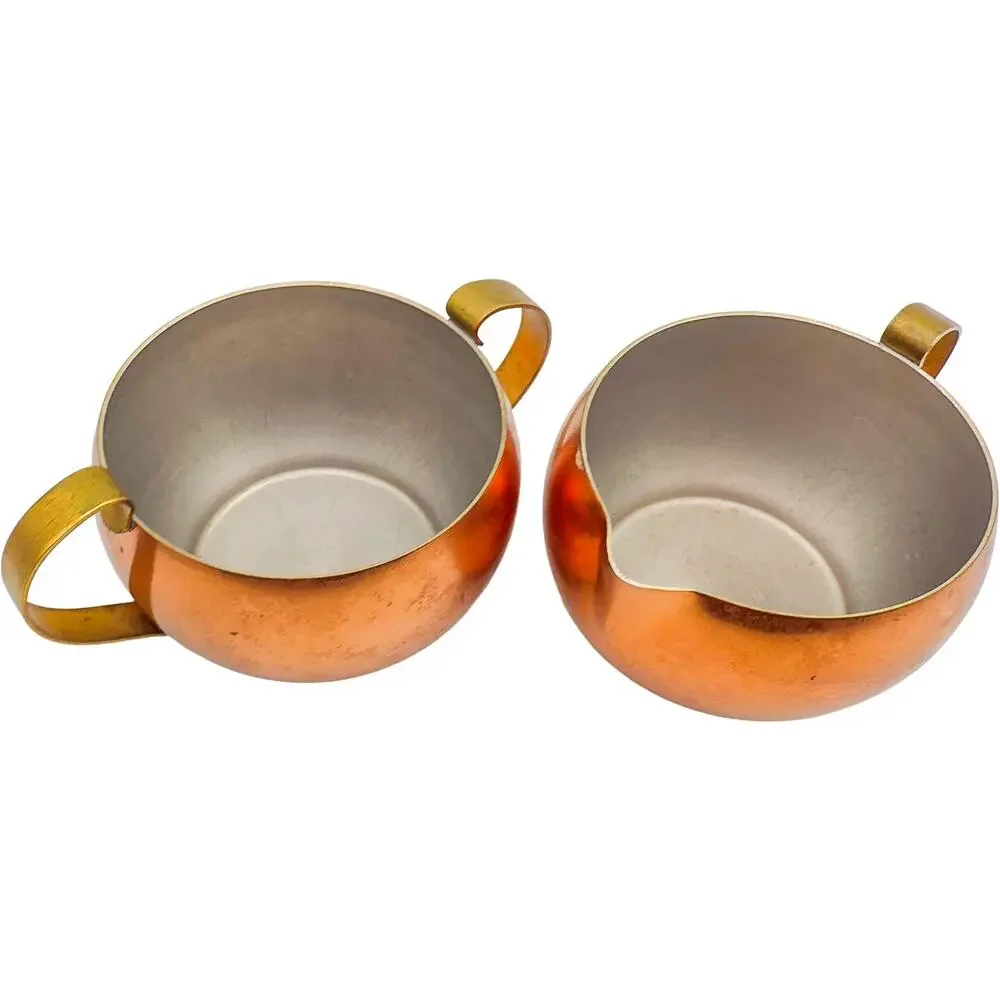 Vintage Colonial Copper & Brass Ware 4-Piece Kettle w/Lid Creamer and Sugar Bowl
